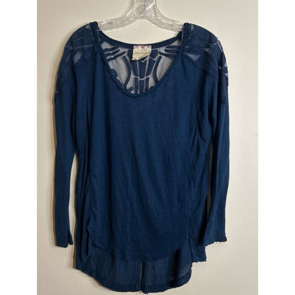 Free People Navy Long Sleeve Sheer-Trim Tee